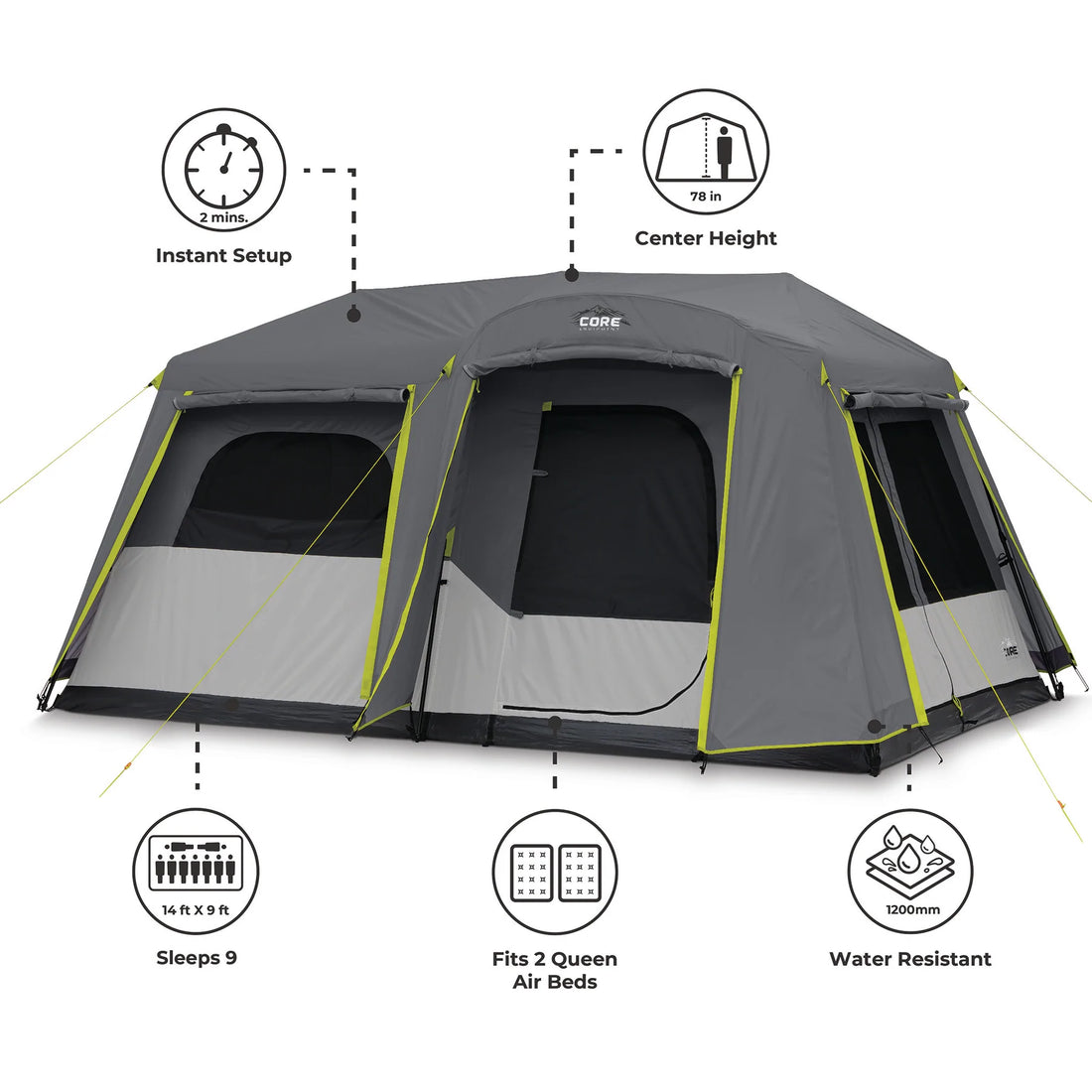 CORE 9 Person Instant Cabin Tent with Full Rainfly 14' x 9'